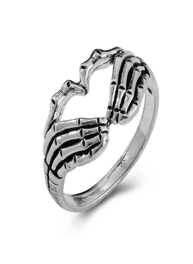 FORUBUS Retro Skull Hand Heart Ring Gothic Style Love Heart Gesture Skeleton Hand Ring for Rock Biker Halloween Trick Costume Jewelry (7.5) - Image 1